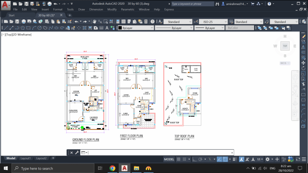 Architectural CAD drawing of a 30x60 house showing ground floor, first floor, and roof layouts with dimensions.