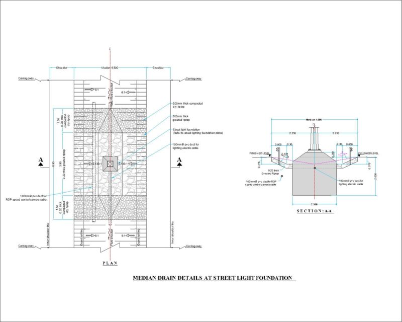 MEDIAN DRAIN DETAILS AT STREET LIGHT FOUNDATION