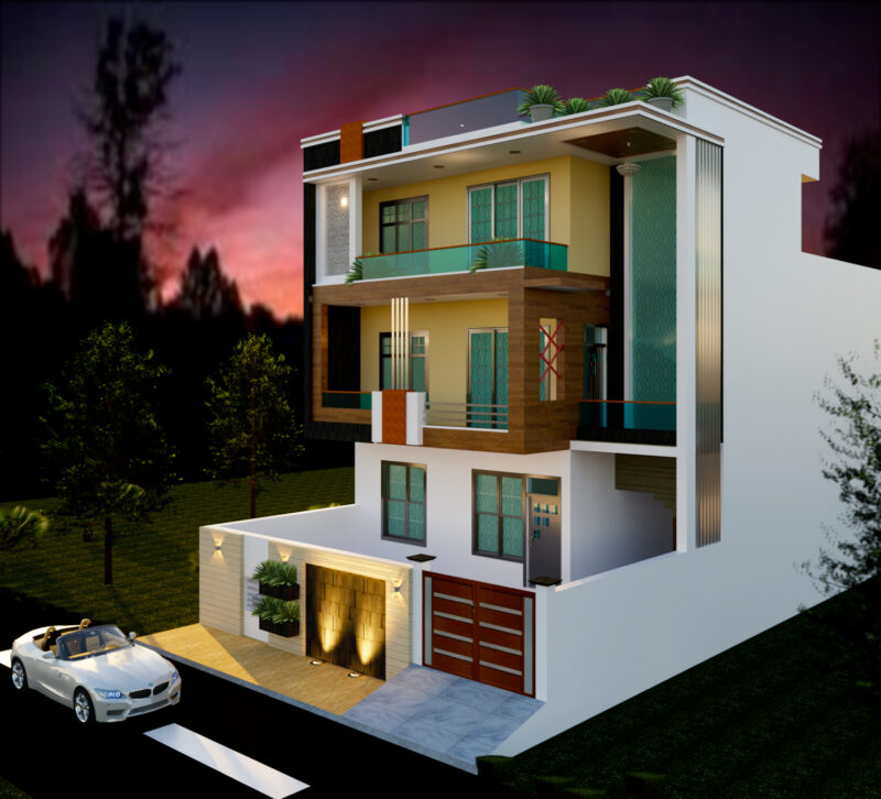 3-Story Modern House Plan with 2D Layouts and 3D Elevation