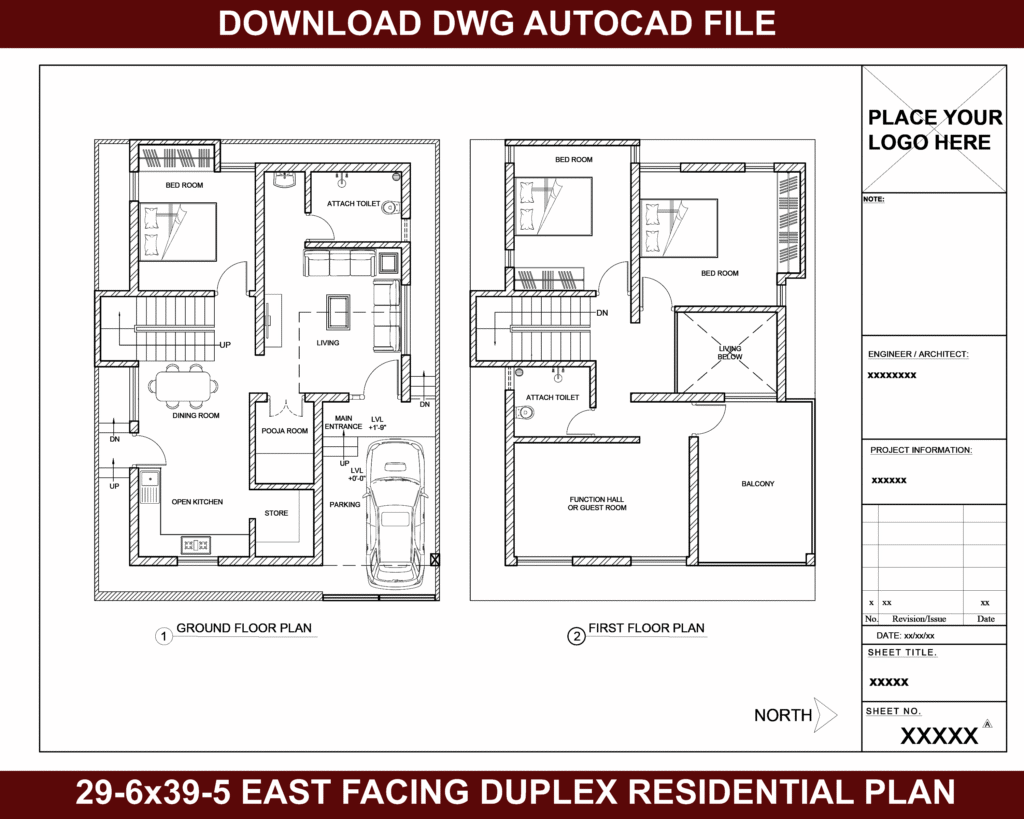 29-6×39-5 East Facing Duplex Residential Plan as per Vastu
