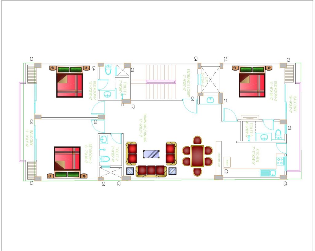 3BHK Residencial layout plan with electrical