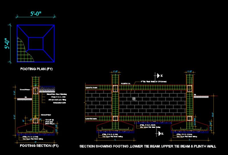 2D design of column footing and foundation detail design in AutoCAD drawing, CAD file, dwg file