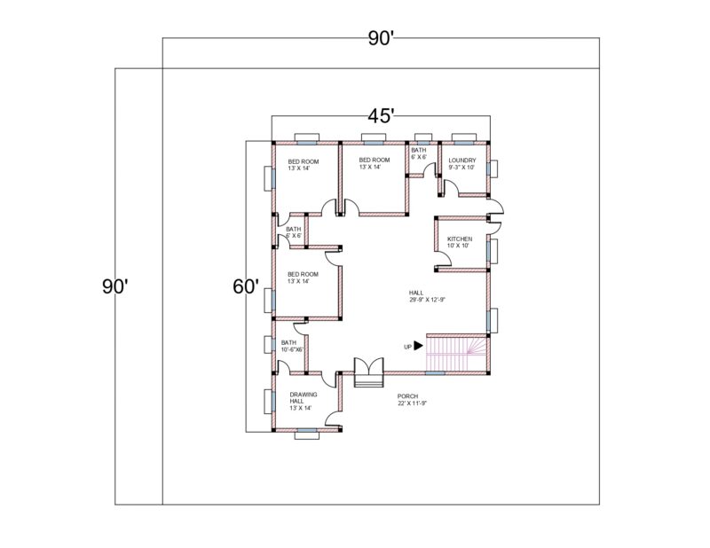 GROUND PLAN AREA 2700 SQFT 45′ x 60′