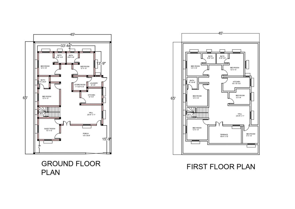GROUND PLAN + FIRST FLOOR PLAN + ELEVATION AREA 2925 SQFT 45′ X 65′
