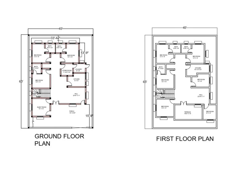 GROUND PLAN + FIRST FLOOR PLAN + ELEVATION AREA 2925 SQFT 45′ X 65′