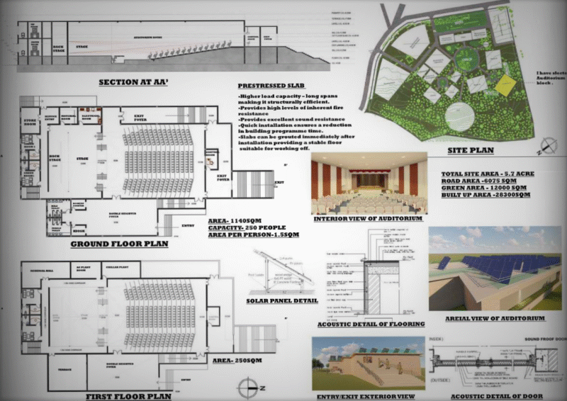 Auditorium plan, Section,Elevation for 300 capacity