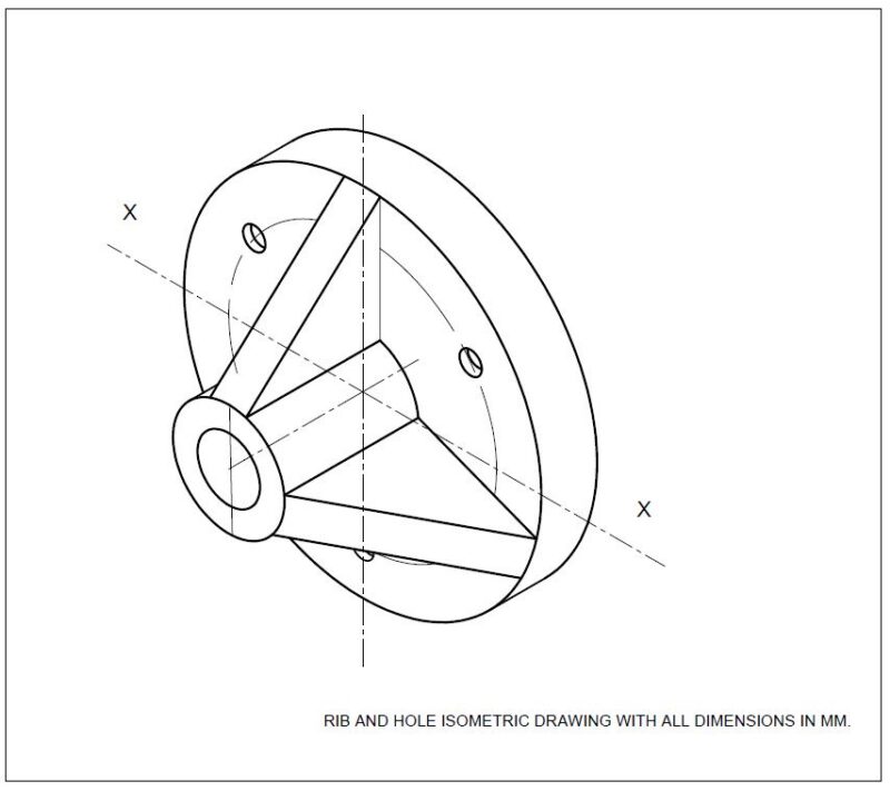 RIB AND HOLE ISOMETRIC DRAWING WITH ALL DIMENSIONS IN MM