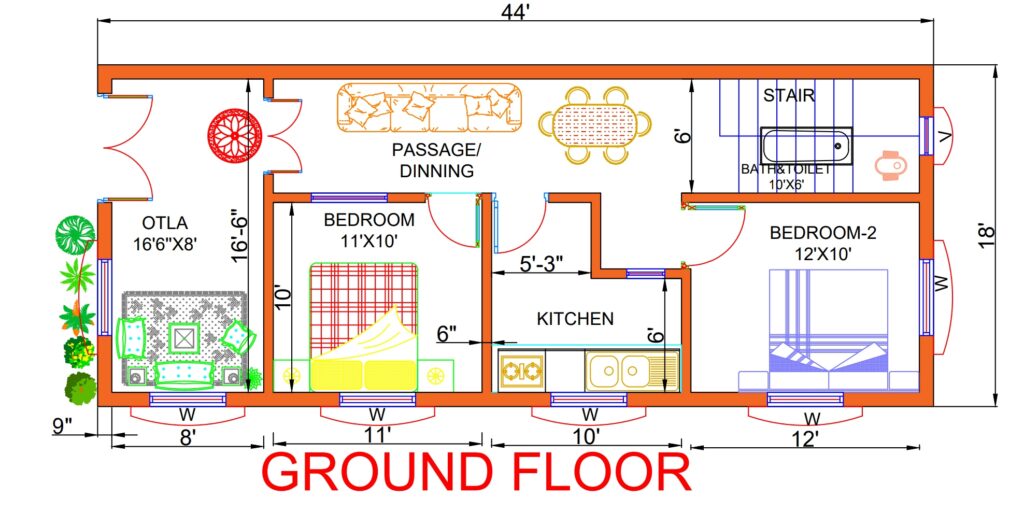 18’x44′ floor plan