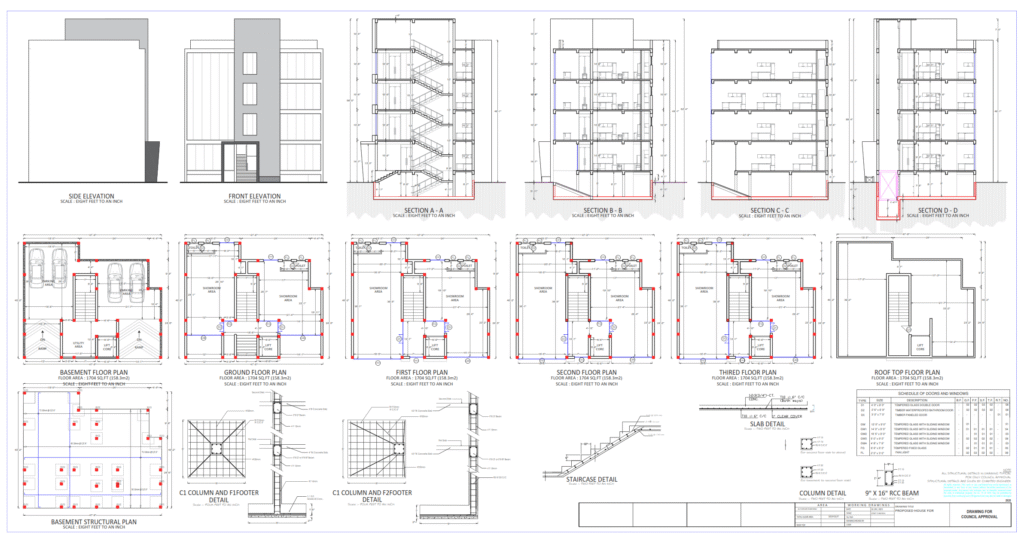 Technical drawing sheet showing commercial building elevations, floor plans, and structural RCC column and beam details.