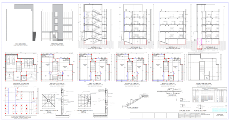 Technical drawing sheet showing commercial building elevations, floor plans, and structural RCC column and beam details.