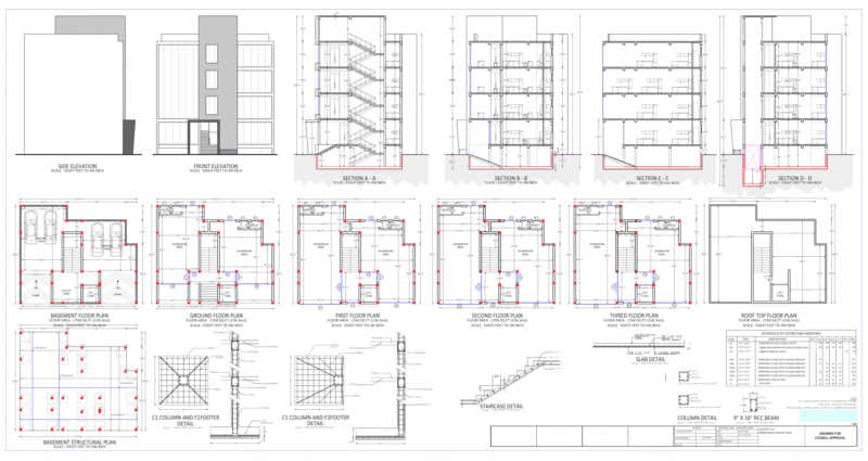 4-Story Commercial Building DWG with Basement Parking and RCC Details