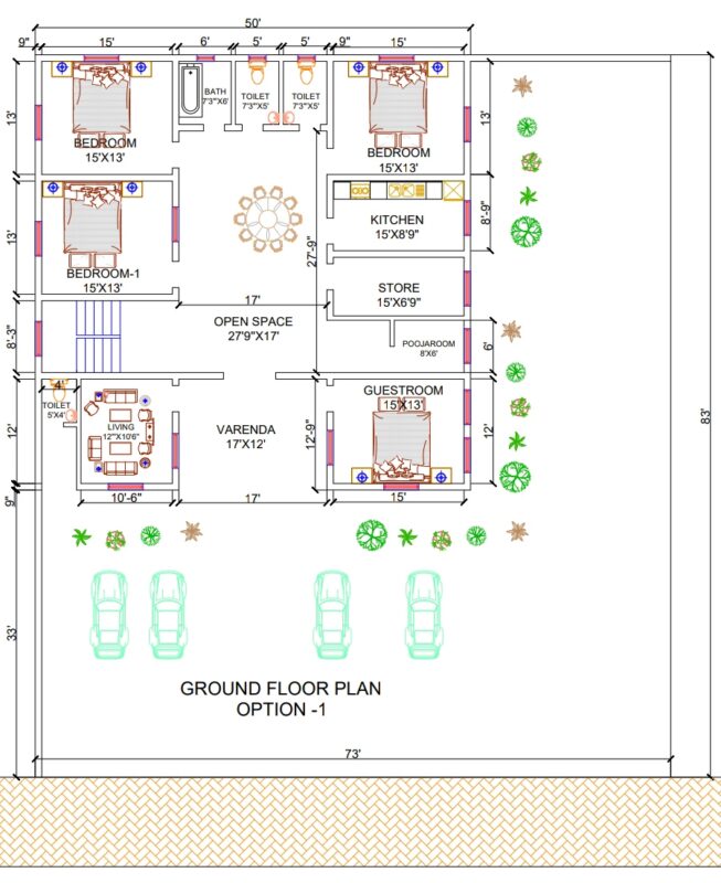 50’x50′ house design 4bhk plan With Car Parking