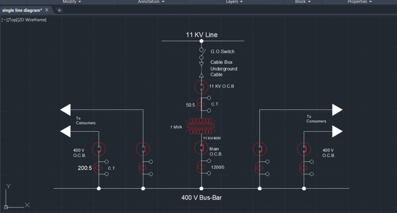 Single Line Diagram of Basic 11 KV/ 400 V Substation in AutoCAD Electrical