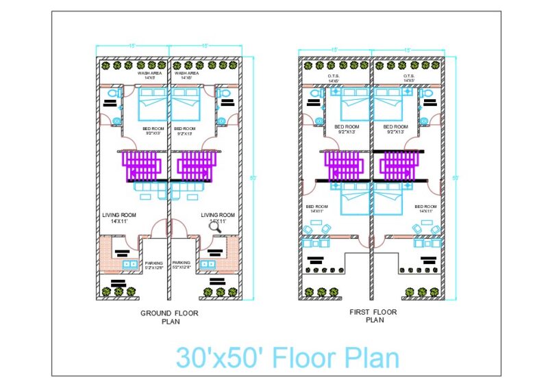Two Residential Duplexes Floor Plan at 1500sq ft. Plot.