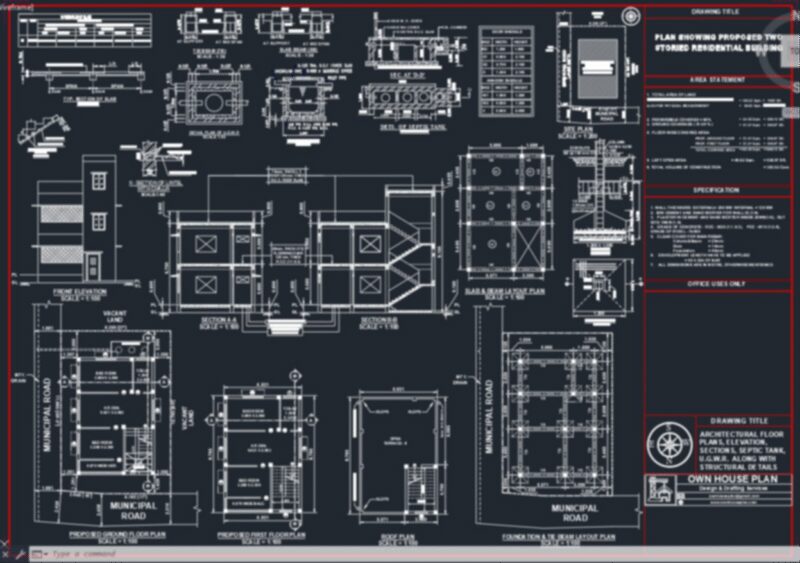 TWO STORIED RESIDENTIAL BUILDING DETAILED AUTOCAD DRAWING
