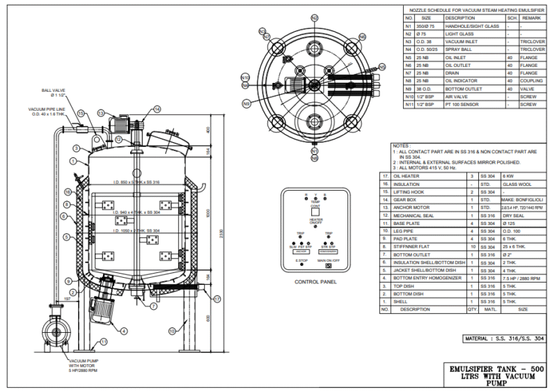 REACTOR EMULSIFIER TANK – 500 LTRS WITH VACUUM PUMP GA & DETAIL