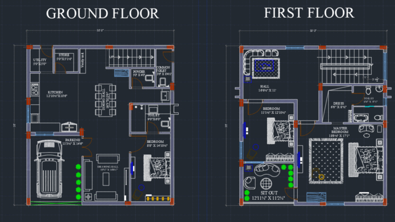 [PDF] A 2D plan for a duplex house of around 1120sqft area with furnishings