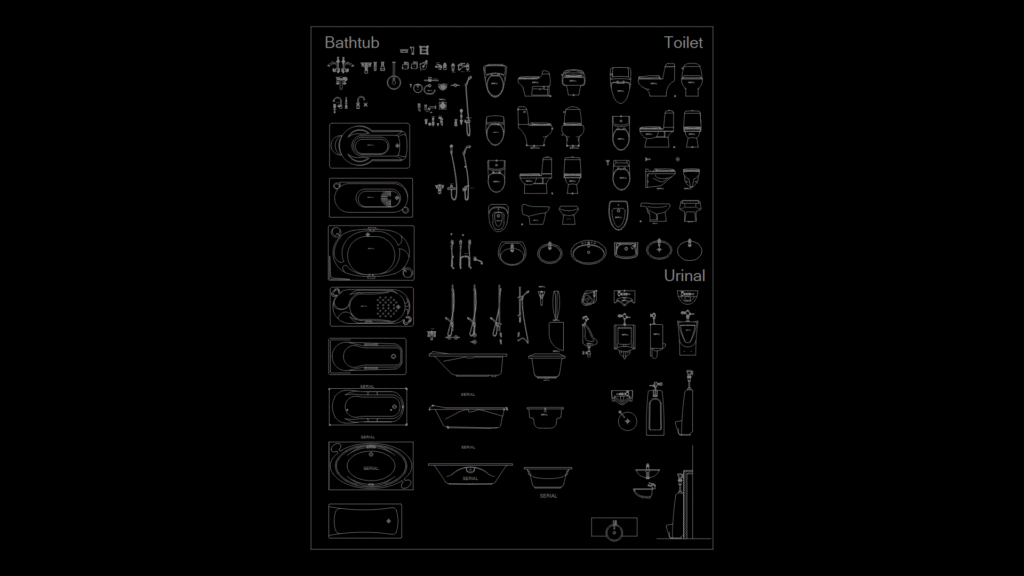 Detailed CAD Drawing of Bathtub, Toilet, and Urinal Accessories