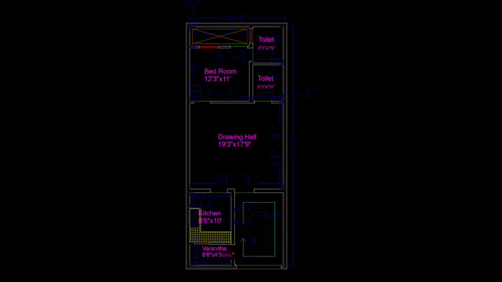 1BHK Residential Floor Plan with Dual Toilets & Verandah