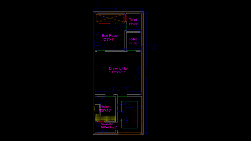 1BHK Residential Floor Plan with Dual Toilets & Verandah