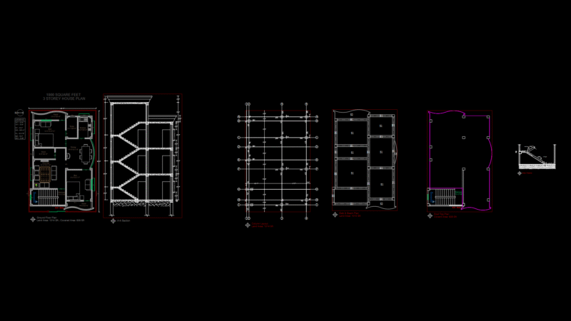 Three-Story residential Floor Plan with Structural Details (1014 sq.ft)