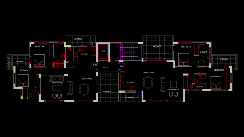 Multi-Unit Apartment Floor Plan with Central Elevator & Verandas