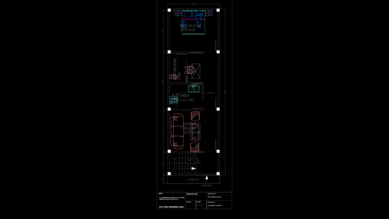 12.5’x40′ Narrow Lot Single Bedroom Residential Floor Plan