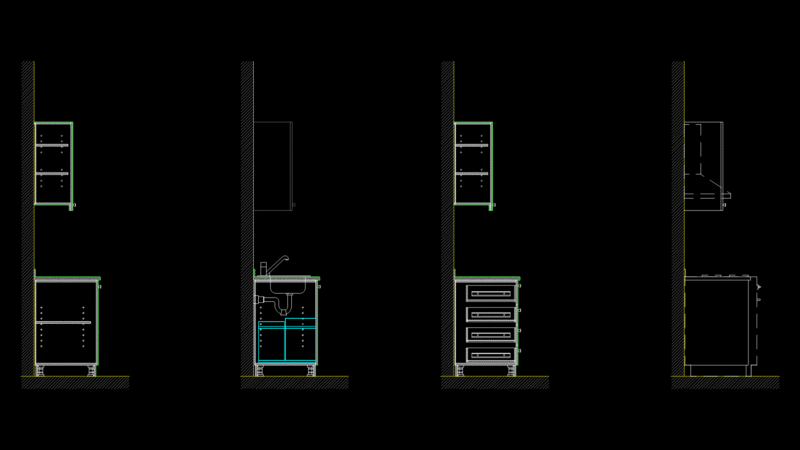 Residential Kitchen Cabinet Section Details with Vertical Dimensions