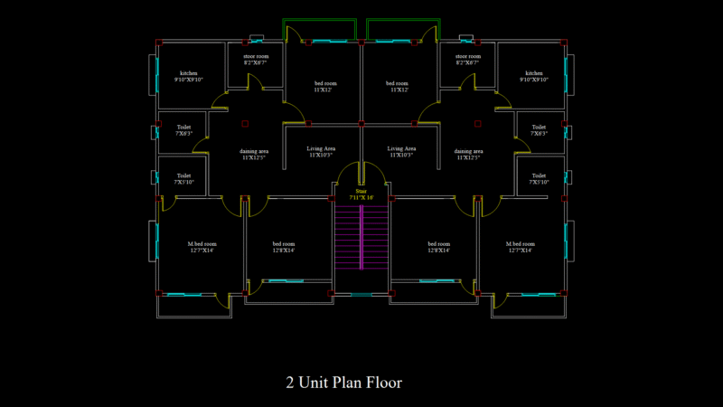 Mirror-Image Duplex Floor Plan with central Geometric Staircase