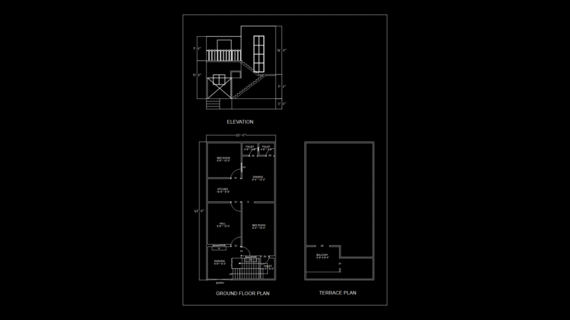20′ x 40′ Residential House Floor Plan with Terrace & Elevation