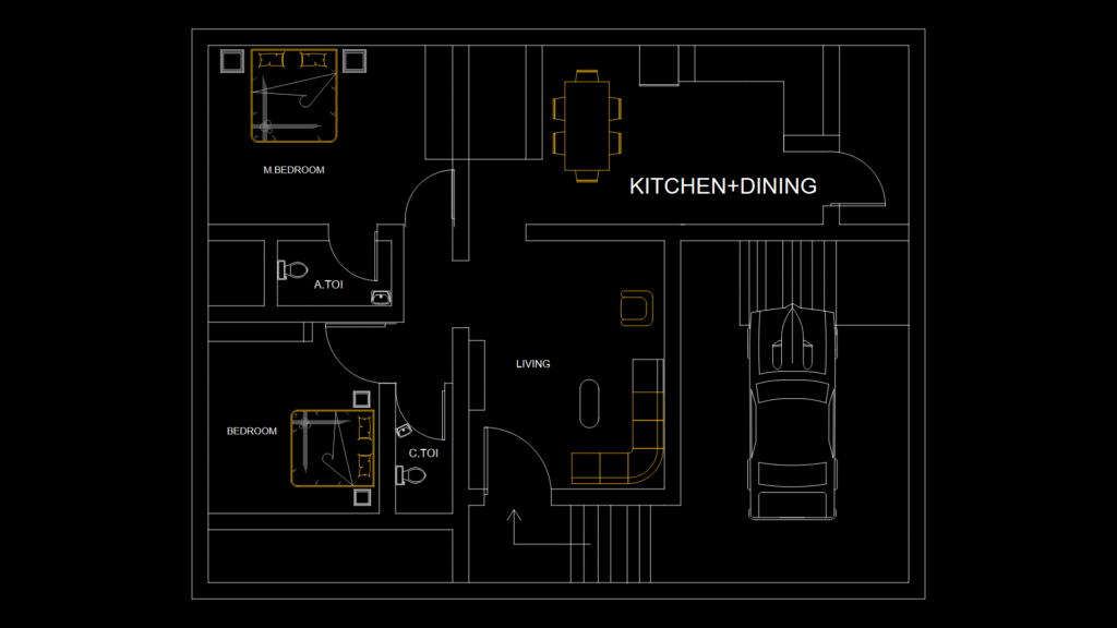 Two-Bedroom Residential Floor Plan with Integrated Garage Bay