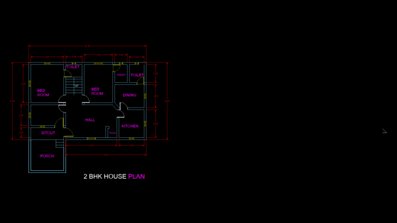2BHK House Floor Plan with Porch and Multiple Toilets