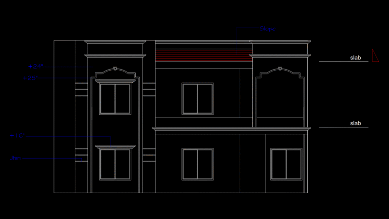 Two-Story Residential Front Elevation with Sloped Roof and Jhiri