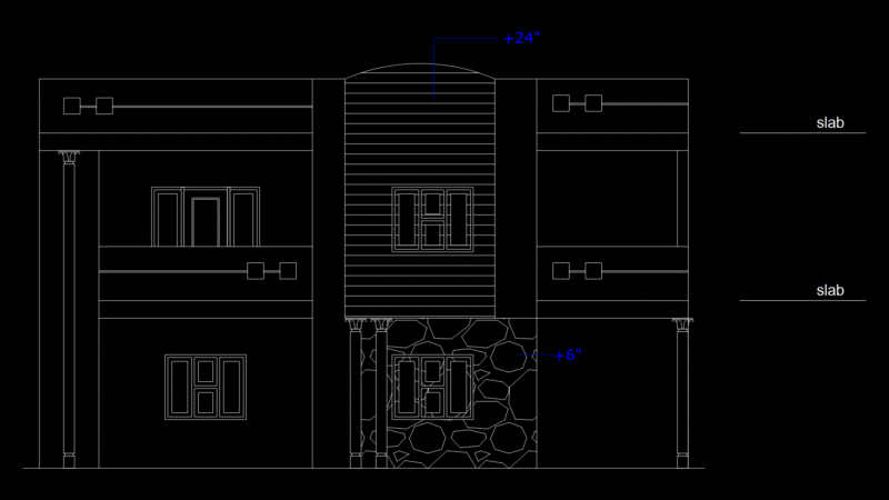 Multi-Material Residential Elevation Drawing with Raised Central Section