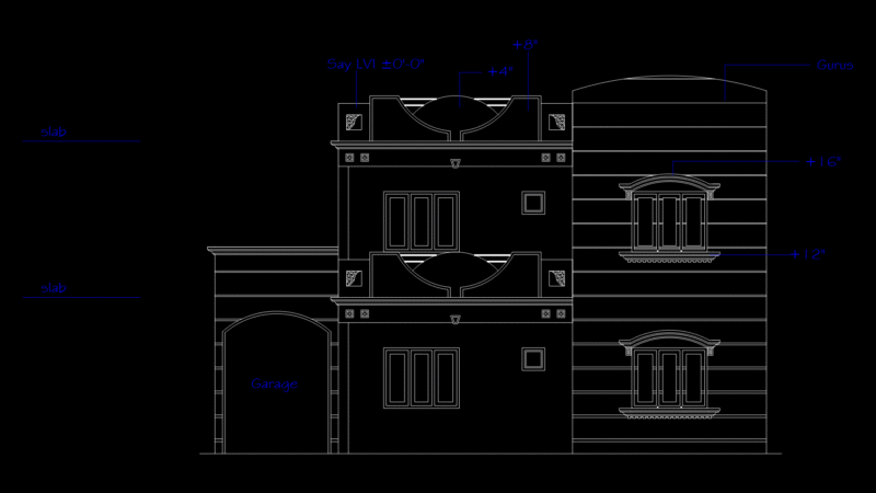Two-Story Residential Elevation with Garage and Level Indicators