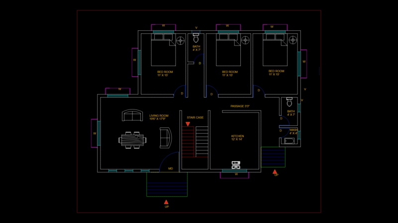 3-Bedroom Residential Floor Plan with Dual-Bathroom Layout