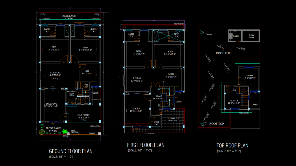 30×60 Two-Story Residential House Floor Plans with Roof Layout