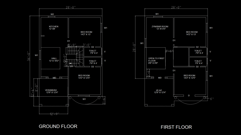 Two-Story Residential Floor Plan with Gym/Bar Room & Verandah