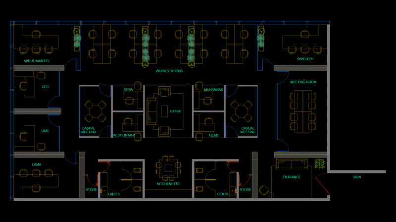 Open-Concept Office Floor Plan with Executive Suites & Workstations