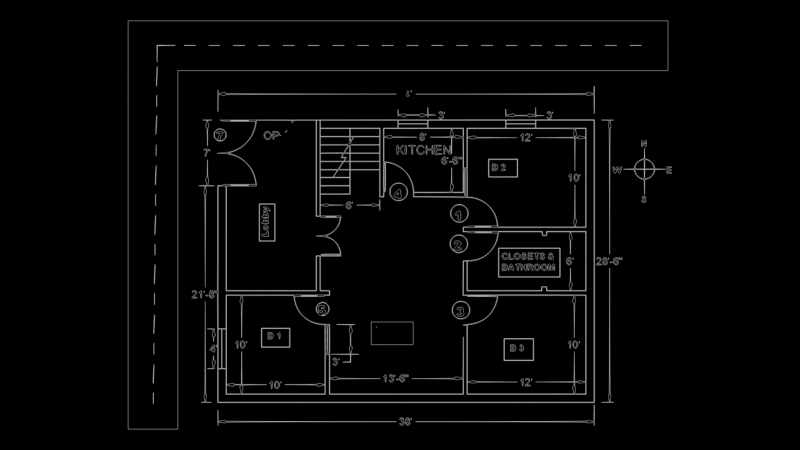 3BHK Residential Floor Plan with Central Hall and Staircase Access