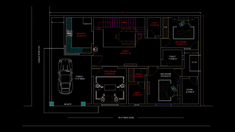 55′ × 35′ Residential Floor Plan with Double-Bedroom Layout