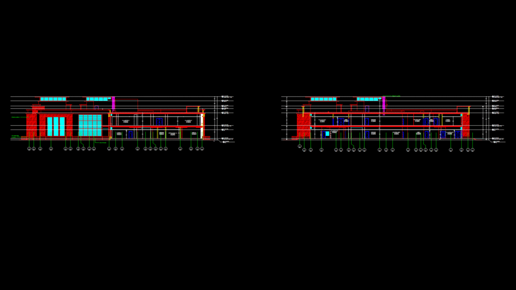 Call Center Building Cross Sections with Curtain Wall System and Floor Transitions