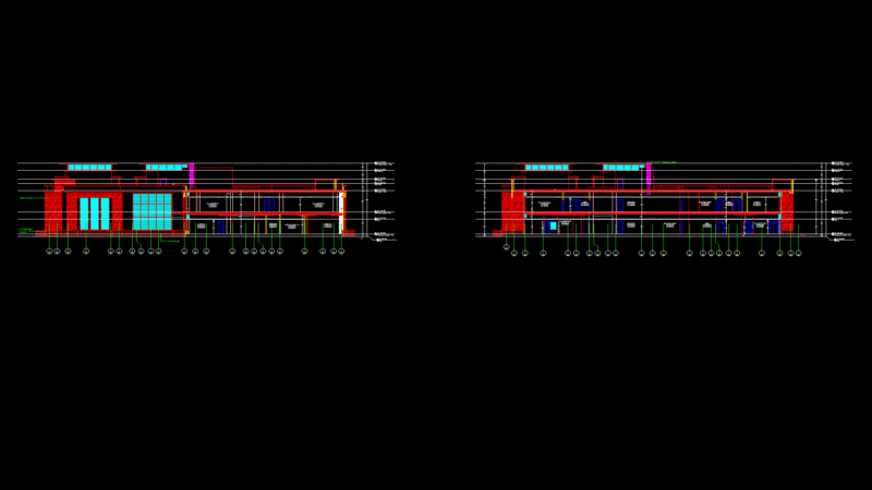 Call Center Building Cross Sections with Curtain Wall System and Floor Transitions