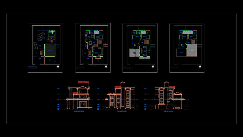 Three-Story residential Villa Floor Plans with Elevations