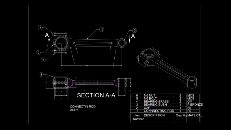 Engine Connecting Rod Assembly Section drawing with Brass Bearings