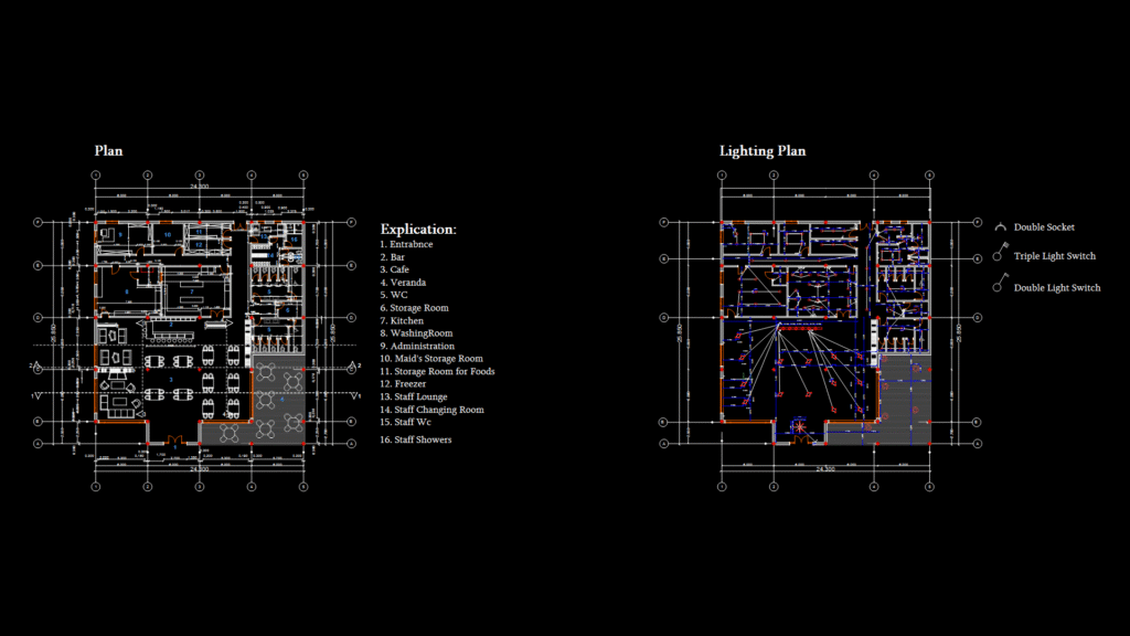 Commercial Cafe floor Plan with Detailed MEP Lighting Layout