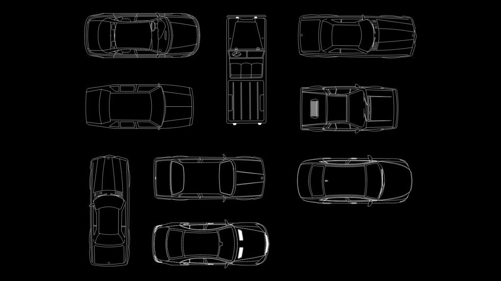 Multi-View Automotive CAD Block: Sedan and Sports Car Wireframes