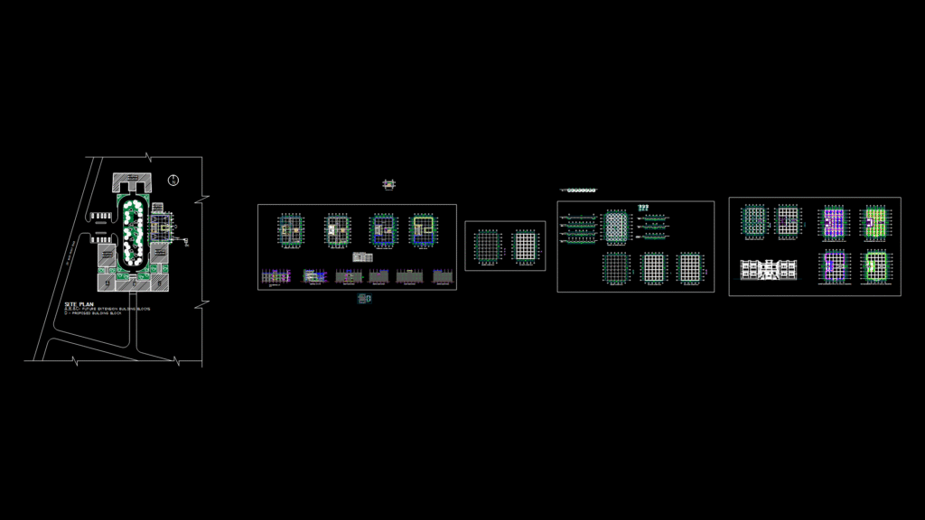Multi-Building D-Block Structural Grid Plans with Site Layout