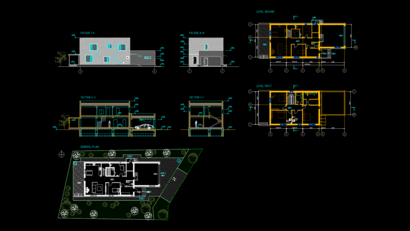 Two-Story Residential Villa Floor Plans with Elevations & Sections