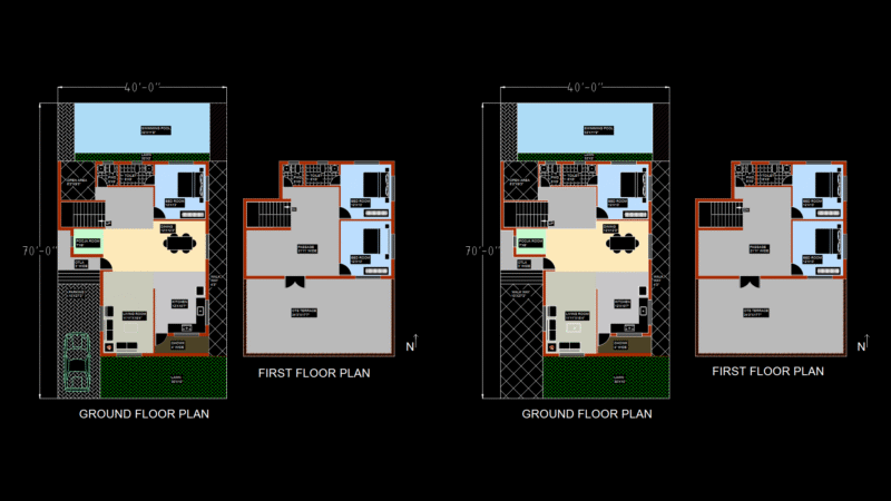 40’×70′ Two-Story Residential Floor plan with Swimming Pool
